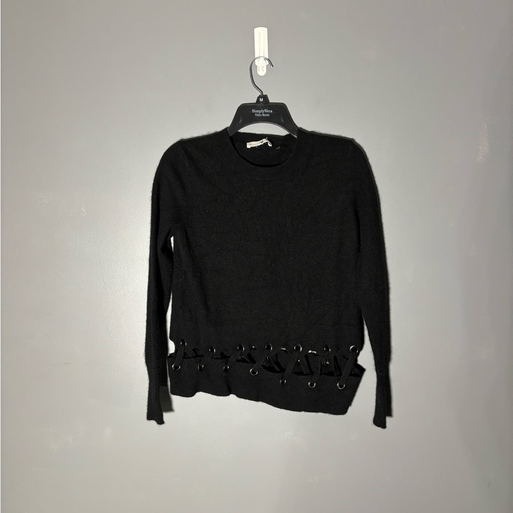 White + Warren Laced Scallop Hem Crewneck Black Sweater Size Medium - Picture 3 of 5